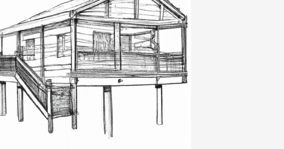 A timber-frame house on stilts that represents the houses built in a co-operative build.